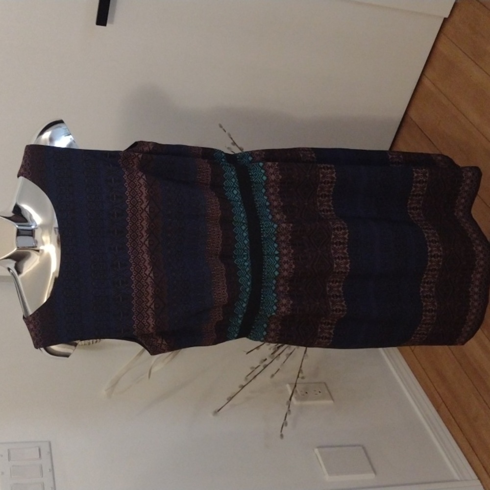 LOFT Navy Dress with Teal and Brown Pattern